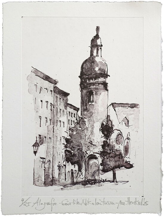 Druckgrafik Algrafie - Stadtansicht "Nikolaiturm Görlitz" Algrafie auf Büttenpapier 17x24cm